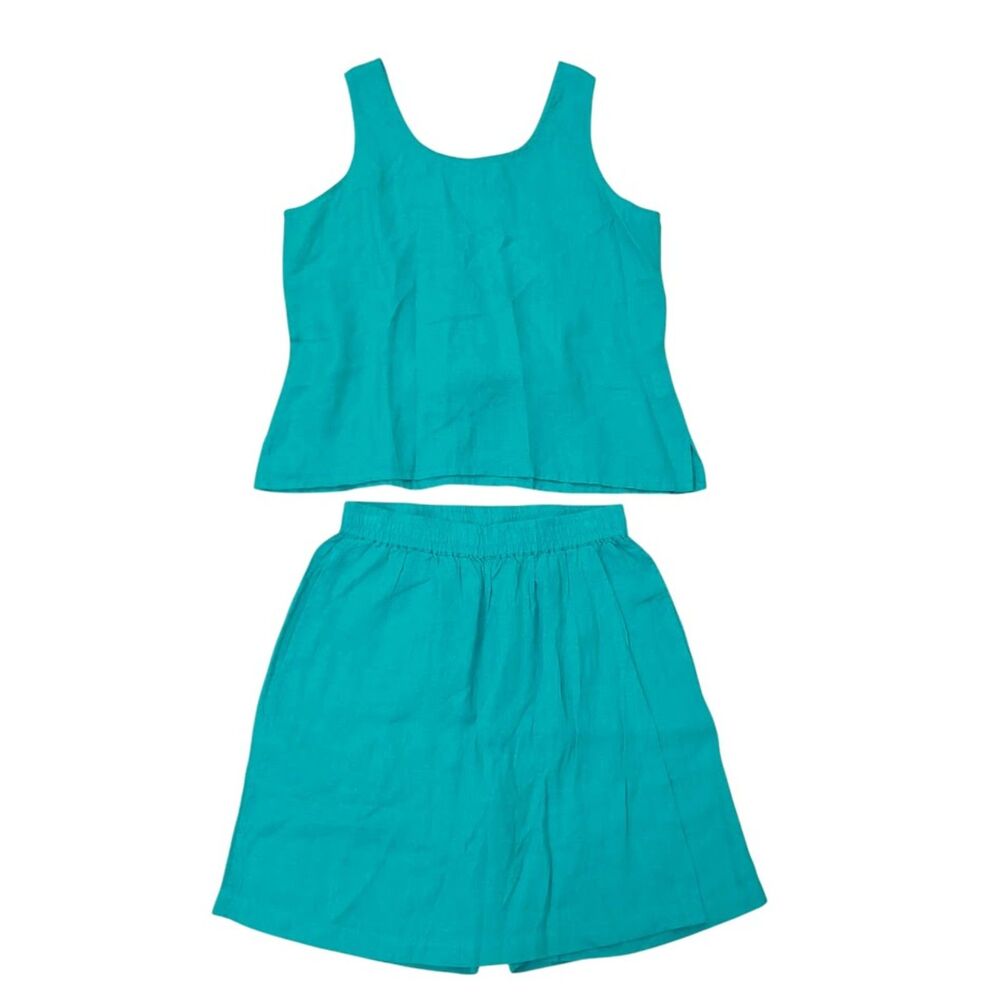 Fabulous Womens Medium Turquoise Blue Linen Tank Top Shorts 2 Piece Set Beach